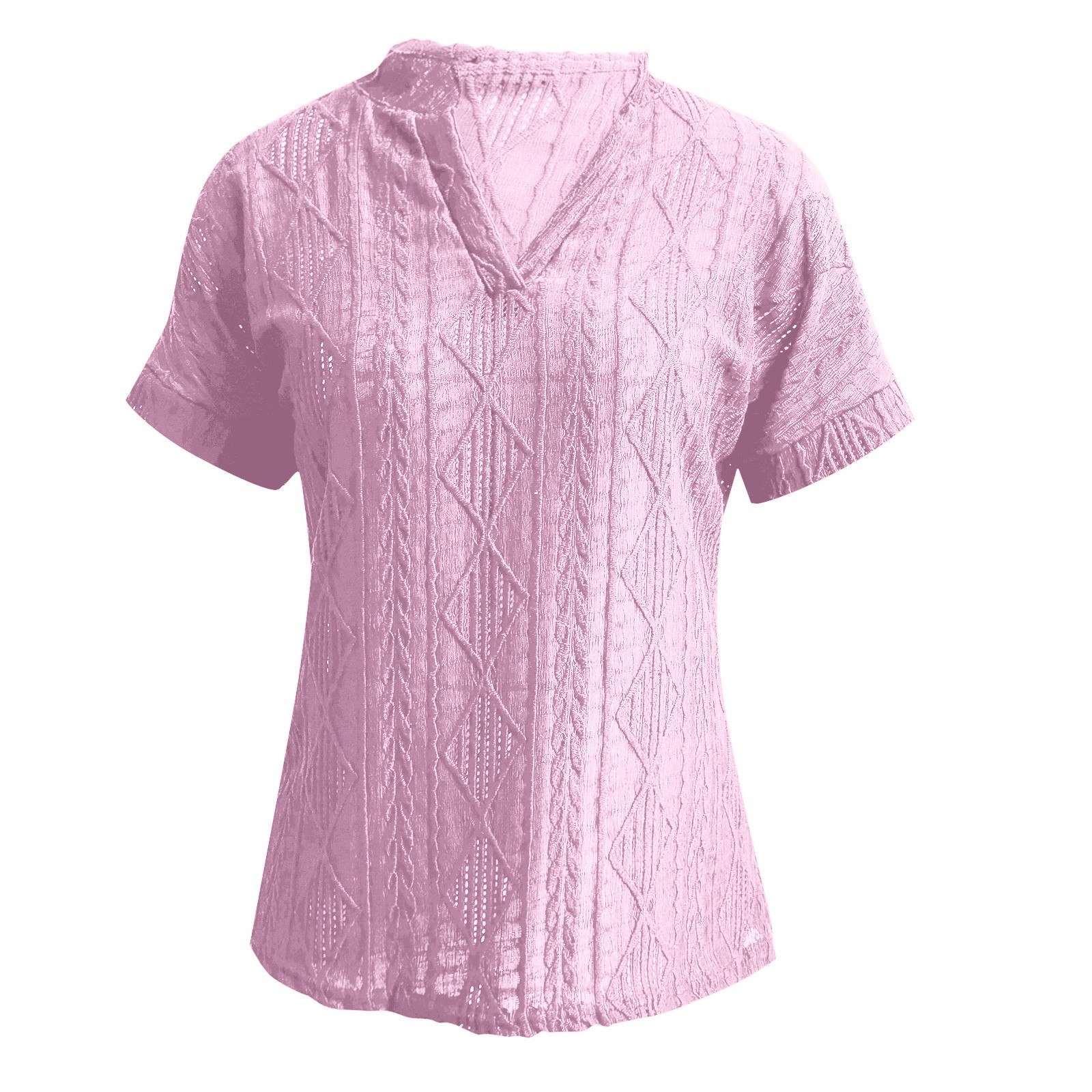 thumbnail image 5 of Camisa de punto jacquard holgada con cuello en V para mujer: manga corta, detalle de cordones, informal de verano, fácil de cuidar, 5 of 7